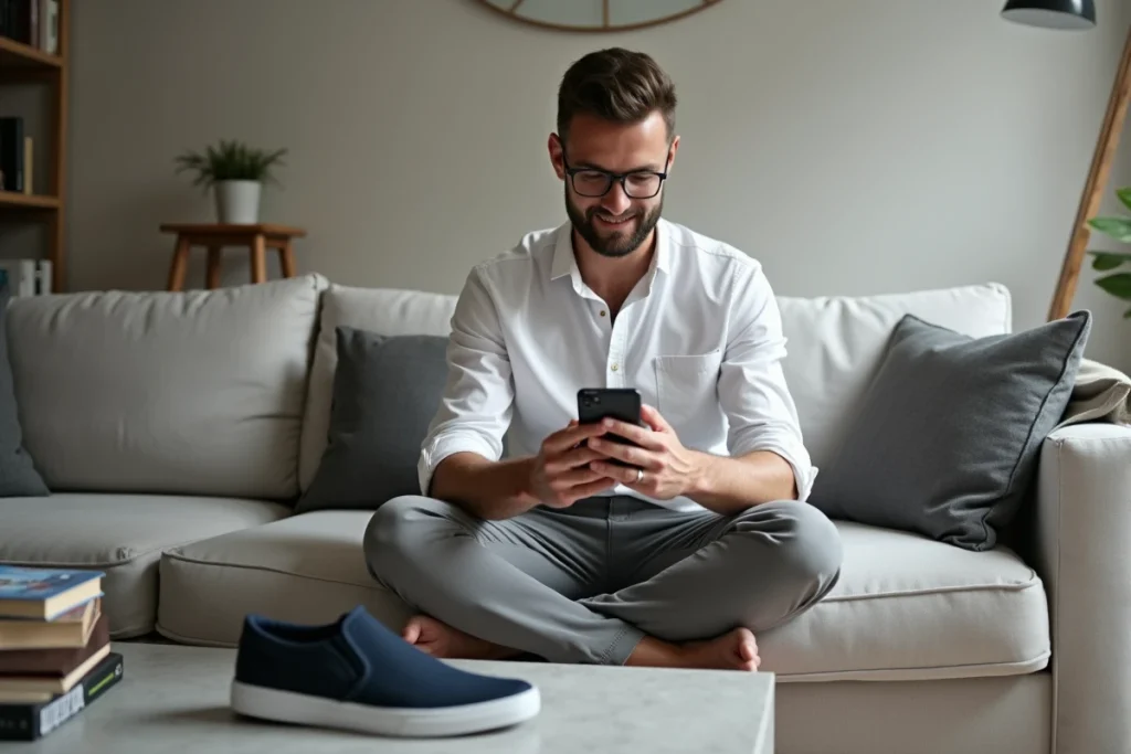 Homme consultant un tableau de conversion de tailles de chaussures UK sur son smartphone à domicile