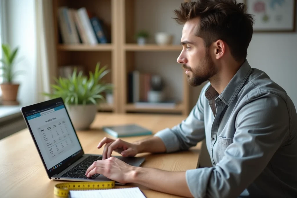 Homme consultant un convertisseur de taille vêtement en ligne sur ordinateur portable avec un mètre ruban posé sur son bureau