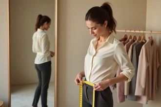 Femme mesurant son tour de taille avec un mètre ruban dans une cabine d'essayage pour choisir la bonne taille de vêtement