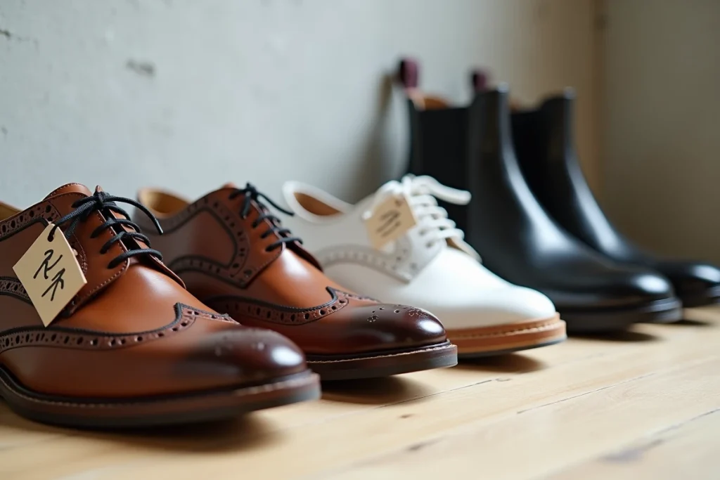 Trois paires de chaussures alignées sur parquet avec étiquettes de pointures UK manuscrites