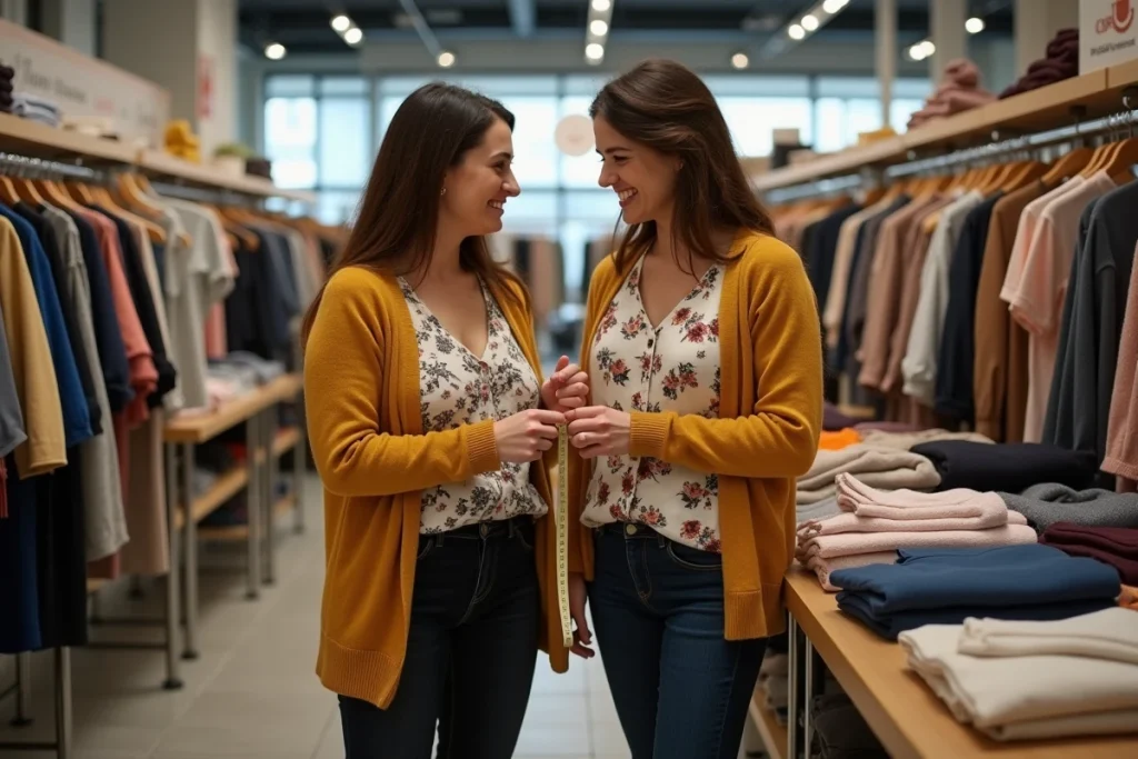 Deux femmes prenant des mesures de poitrine avec un mètre ruban dans un magasin de vêtements pour trouver la bonne coupe