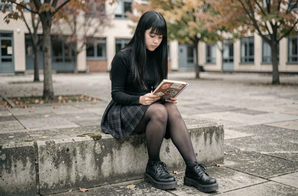 Adolescente style emo avec jupe écossaise et turtleneck noir assise dans une cour de lycée en automne