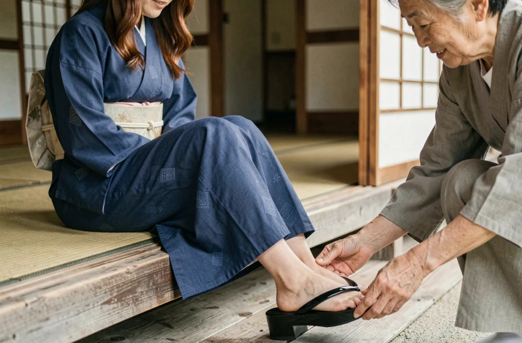 Femme occidentale en yukata indigo recevant de l'aide pour enfiler des geta en laque noire sur une véranda japonaise traditionnelle
