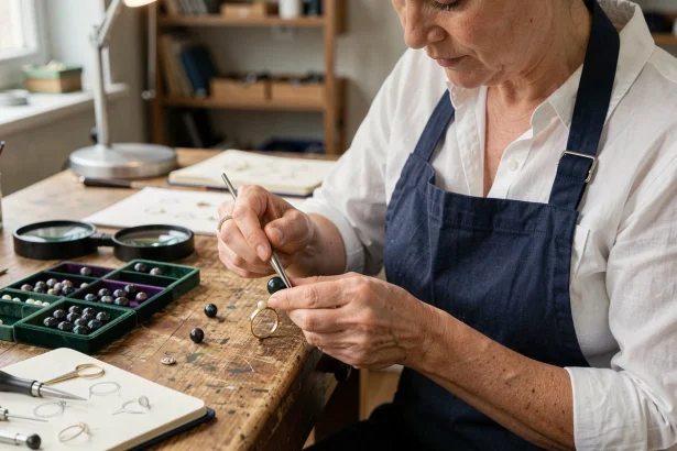 Bijoutière créant un bijou sur mesure avec une perle de culture de Tahiti noire irisée dans un atelier artisanal