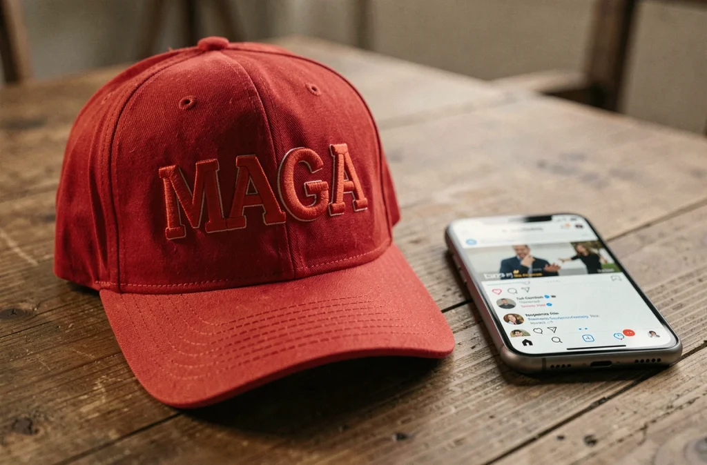 Casquette rouge Trump MAGA posée sur une table en bois à côté d'un smartphone affichant les réseaux sociaux