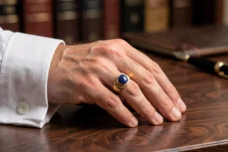 Chevalière en or pour homme avec pierre en lapis-lazuli portée sur la main d'un homme en costume, posée sur un bureau en noyer