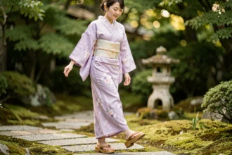 Jeune femme en yukata lavande apprenant à marcher avec des geta en bois sur un chemin de pierre dans un jardin japonais