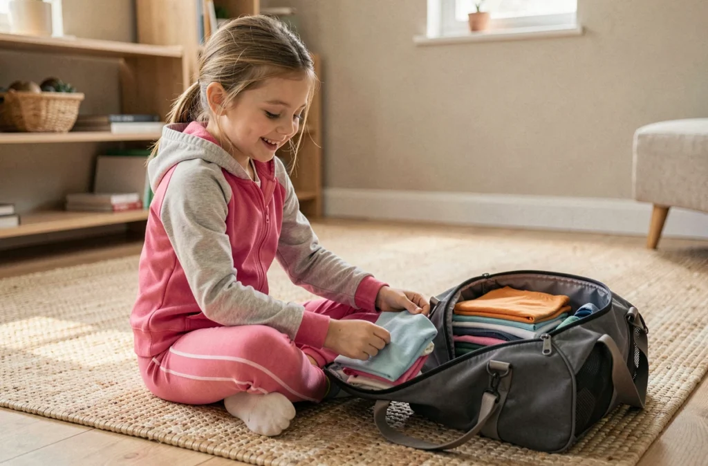 Petite fille de 5-6 ans en survêtement de sport taille 116 assise sur le sol, triant des vêtements de sport pour enfants à la maison