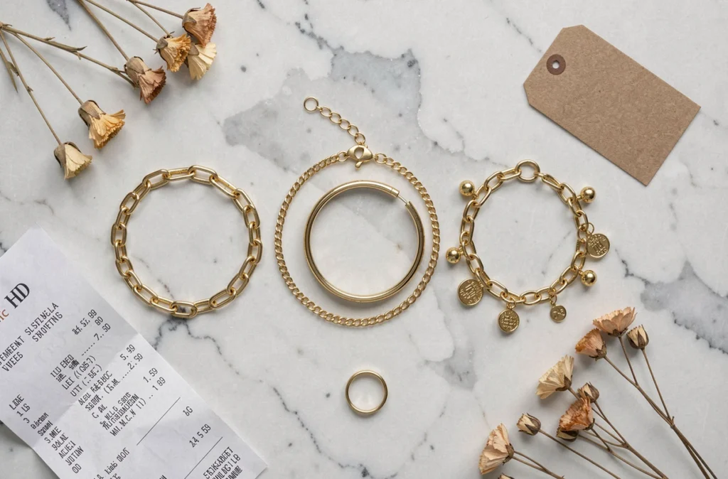 Flat lay de bracelets dorés style La Vie en Or sur marbre avec étiquettes prix et accessoires minimalistes