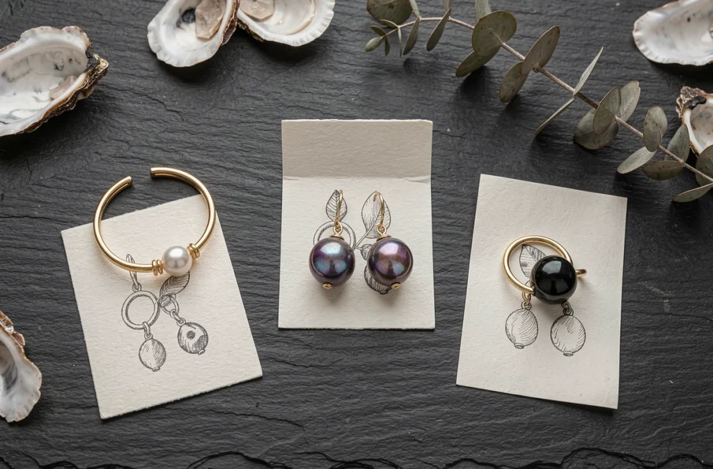 Composition flat-lay de bijoux sur mesure en perles de culture de Tahiti sur ardoise avec carnets de design