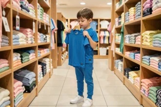 Jeune garçon d'environ 5-6 ans en tenue de sport tenant un maillot dans un magasin de vêtements pour enfants, rayon taille 116
