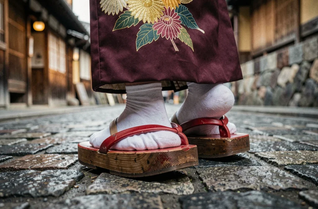 Gros plan sur des pieds en tabi blancs portant des geta rouges sous un kimono bordeaux sur un pavé historique japonais