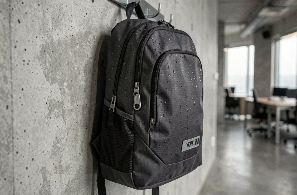 Gros plan sur les détails imperméables d'un sac à dos technique accroché à un mur en béton au bureau