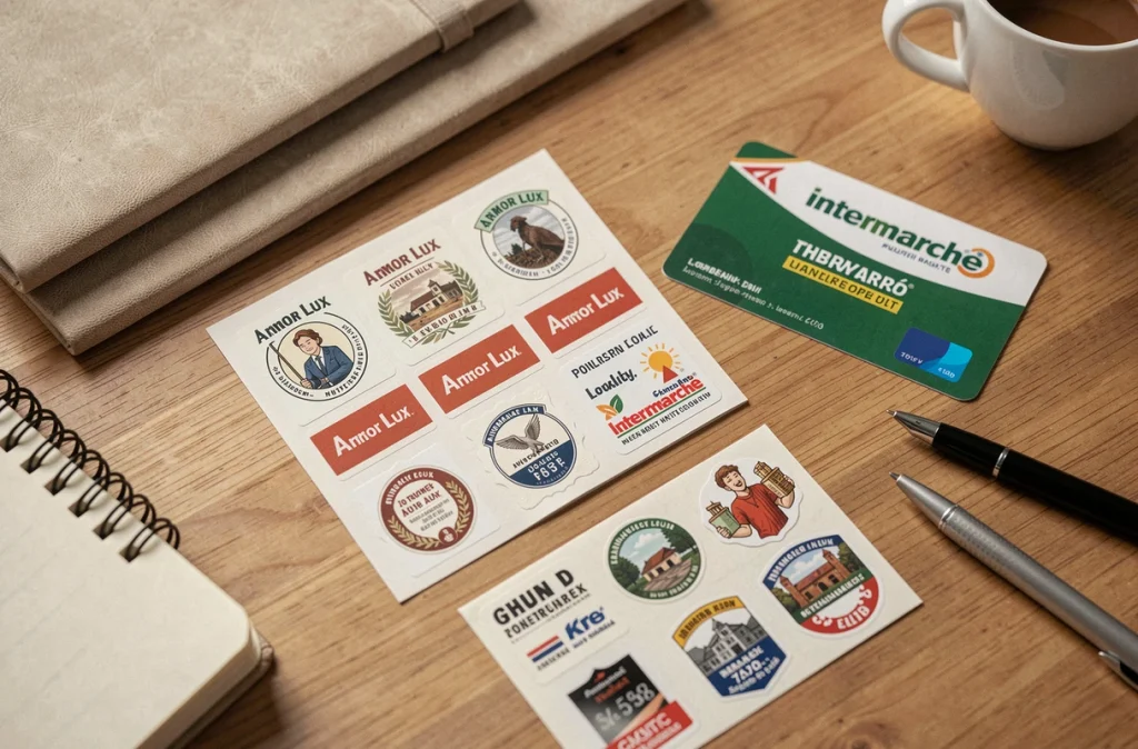 Gros plan sur des vignettes Armor Lux et un carnet de collecte Intermarché posés sur un bureau en bois