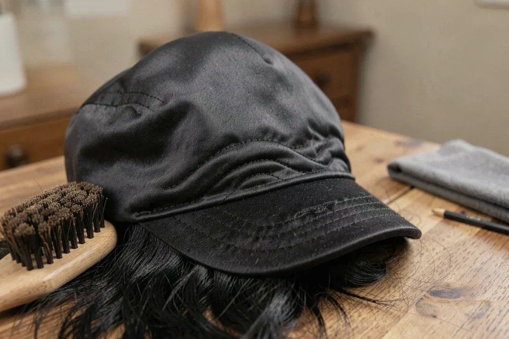 Gros plan sur un wave cap noir satiné partiellement recouvert par la visière d'une casquette fitted grise, posé sur une table en bois avec une brosse à vagues