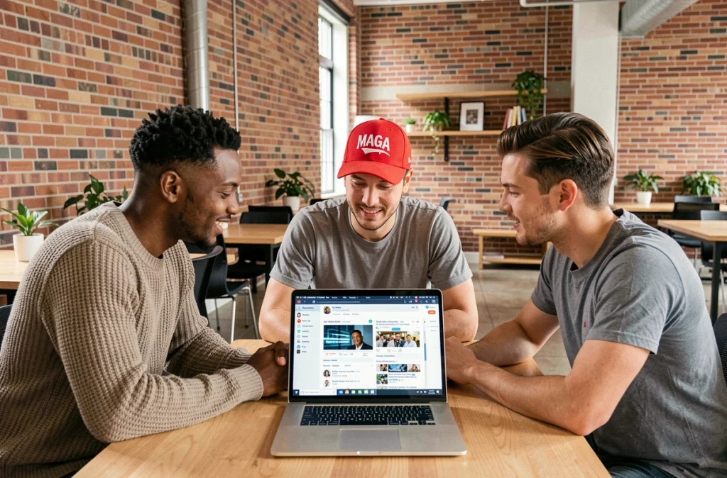Groupe de jeunes adultes réunis autour d'un ordinateur portable regardant des réseaux sociaux, l'un portant une casquette MAGA rouge