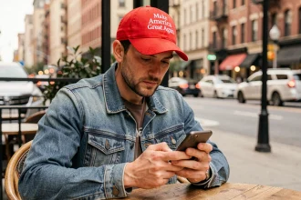Homme portant une casquette rouge Trump MAGA en train de scroller sur son smartphone dans un café urbain