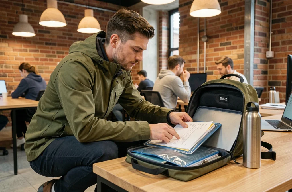 Homme organisant le contenu d'un sac à dos imperméable dans un espace de coworking moderne