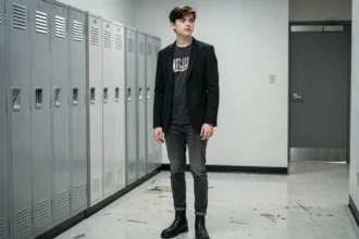 Lycéen en style emo discret avec blazer noir et chelsea boots dans un couloir scolaire