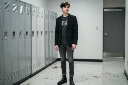 Lycéen en style emo discret avec blazer noir et chelsea boots dans un couloir scolaire
