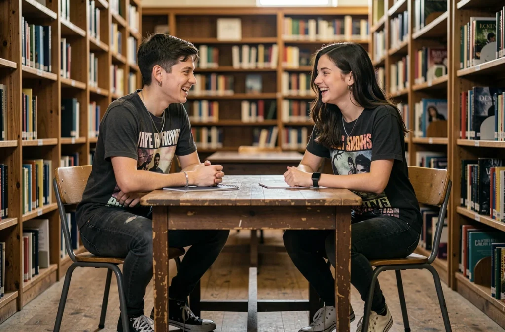 Deux lycéens en style emo discret qui discutent dans une bibliothèque scolaire