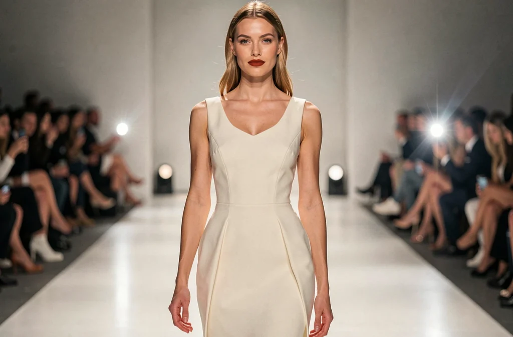 Mannequin marchant sur un podium de fashion week avec un rouge à lèvres mat terracotta et une robe ivoire structurée lors d'un grand défilé