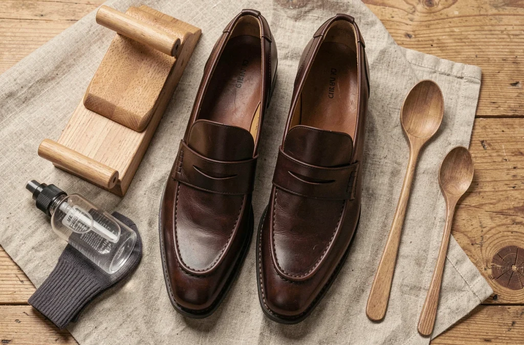 Méthodes pour élargir des chaussures neuves en cuir posées sur une table en bois avec accessoires