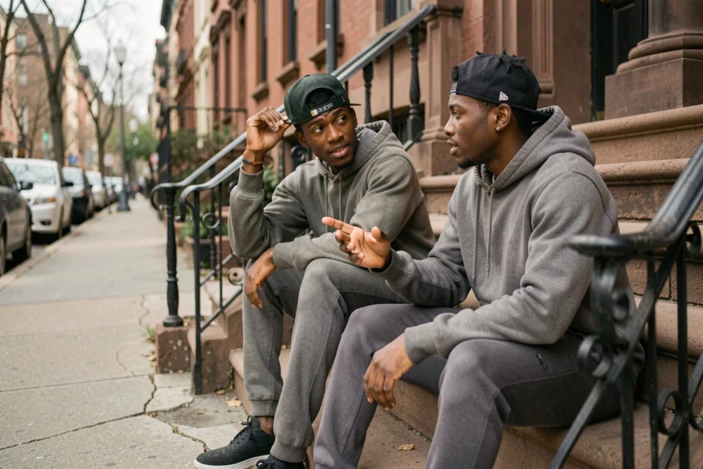 Deux jeunes hommes noirs en tenue streetwear assis sur des marches urbaines, l'un ajustant sa casquette portée par-dessus un wave cap