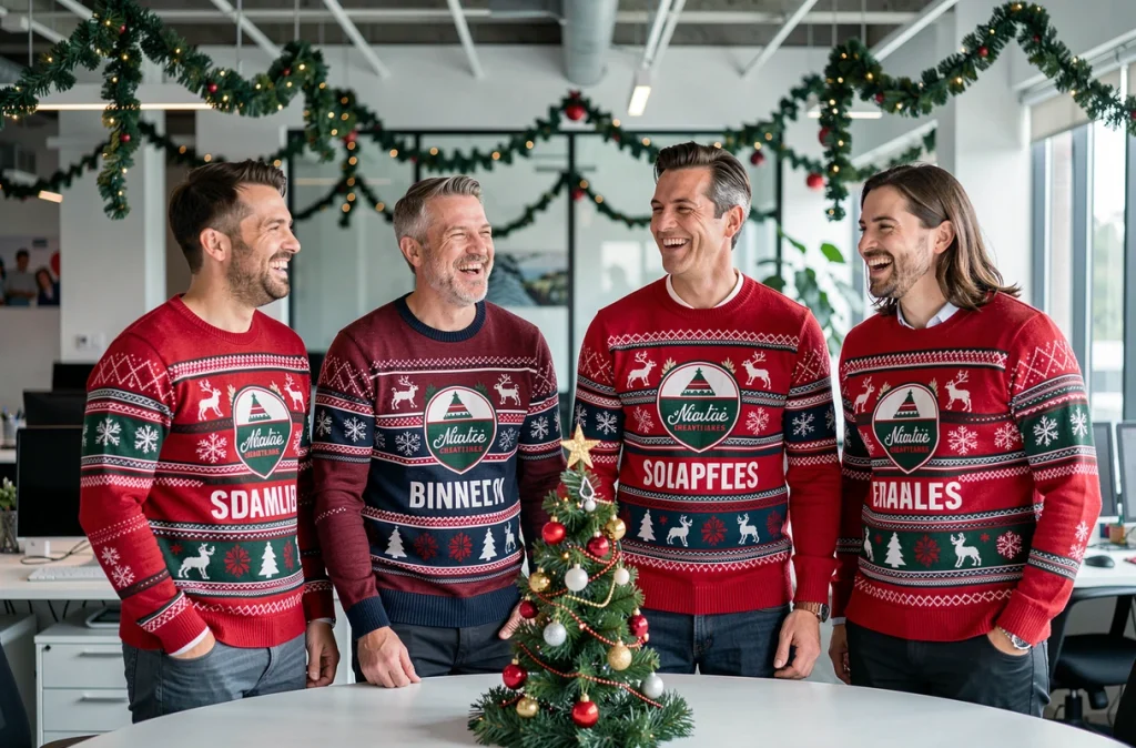 Groupe de collègues en pulls de Noël personnalisés avec logo entreprise et prénom dans un bureau décoré pour les fêtes