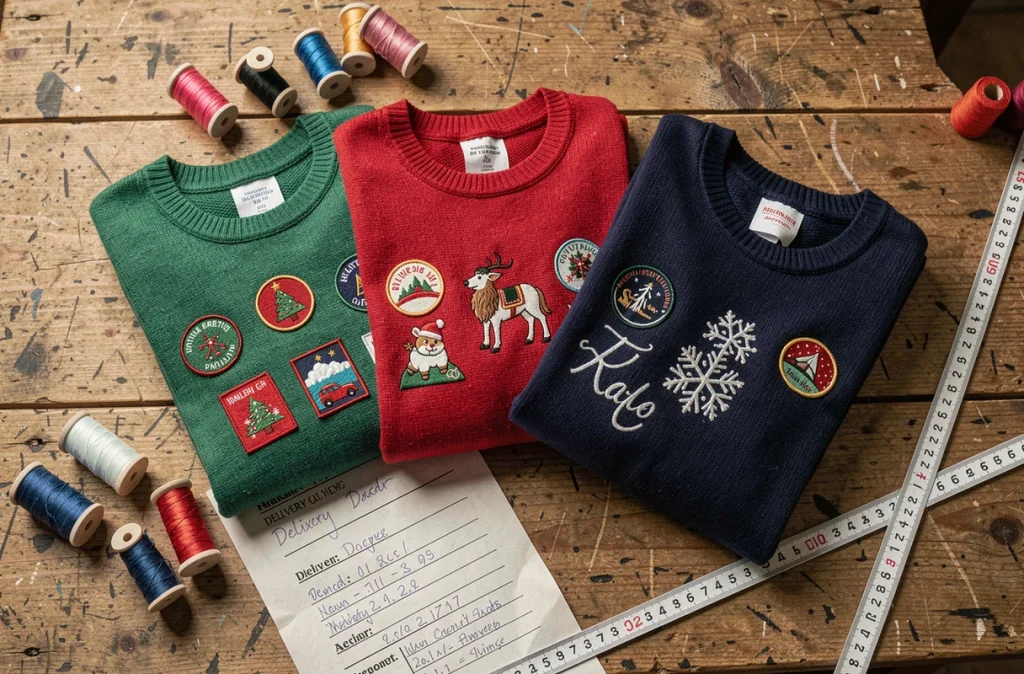 Pulls de Noël personnalisables en différentes couleurs avec fils à broder, bon de commande et délais de livraison sur table en bois