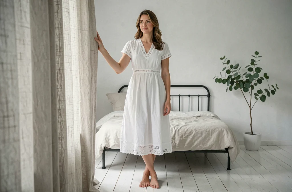 Femme en robe longue en coton blanc broderie anglaise dans une chambre scandinave minimaliste, détail des finitions et du tissage