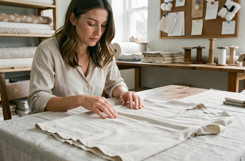 Femme artisane inspectant le tissage d'une robe en coton dans un atelier textile, détail de la matière et des finitions