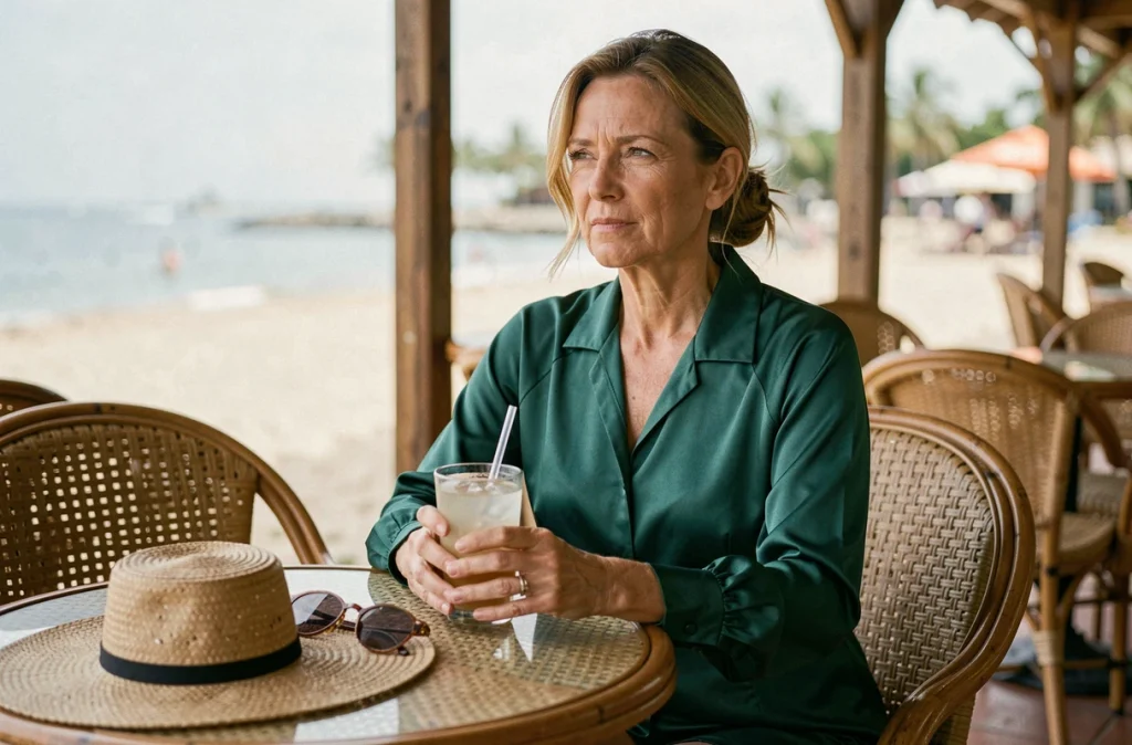 Femme en robe coupe-vent satinée vert forêt à matière technique, assise dans un café de plage avec mobilier en rotin et vue sur la promenade côtière