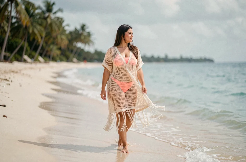 Femme en robe de plage crochet blanc cassé sur un bikini corail, marchant pieds nus sur le sable mouillé d'une plage tropicale au bord de l'eau