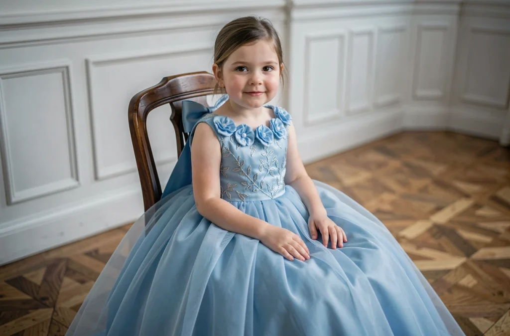 Petite fille assise en robe de princesse bleue à broderies florales dans un intérieur élégant au parquet ancien