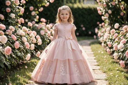 Fillette en robe princesse rose poudré avec jupe en tulle et détails en dentelle dans un jardin fleuri