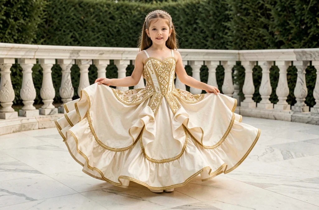 Fillette en robe princesse ivoire et or avec broderies et volants tourbillonnant sur une terrasse en marbre blanc