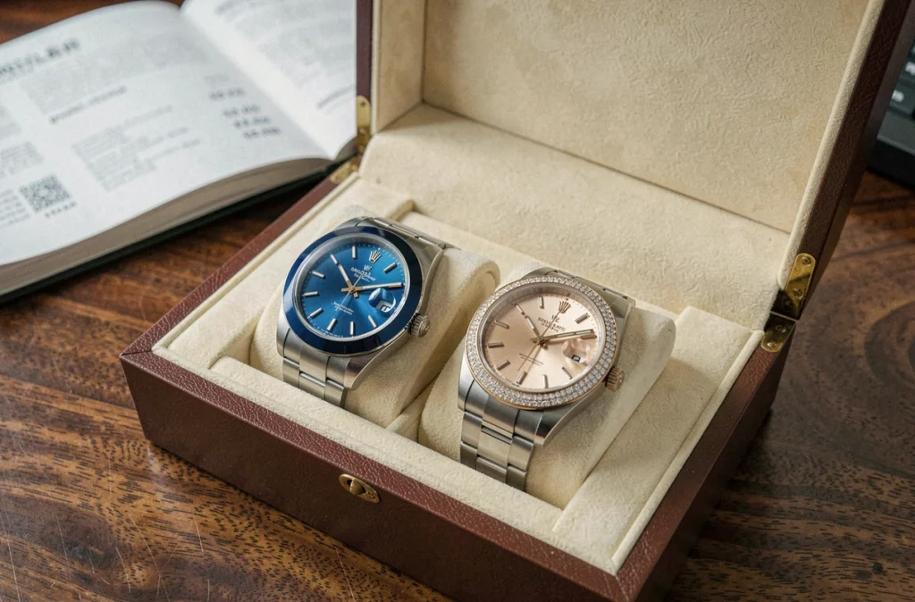 Deux modèles de Rolex Datejust 36 côte à côte dans un écrin en velours crème posé sur un bureau en acajou, avec un catalogue de prix ouvert en arrière-plan flou