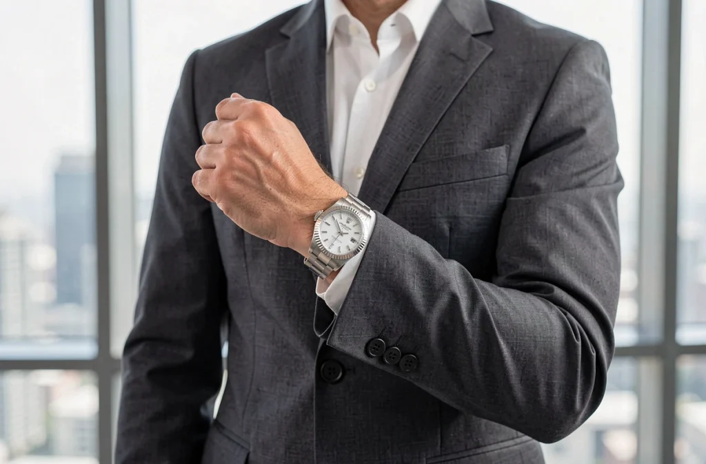 Homme en costume gris portant une Rolex Datejust 36 cadran blanc au poignet dans un bureau moderne avec vue sur la ville en arrière-plan