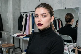 Mannequin en coulisses d'un défilé de mode portant un rouge à lèvres mat bordeaux profond sur fond de murs en béton brut