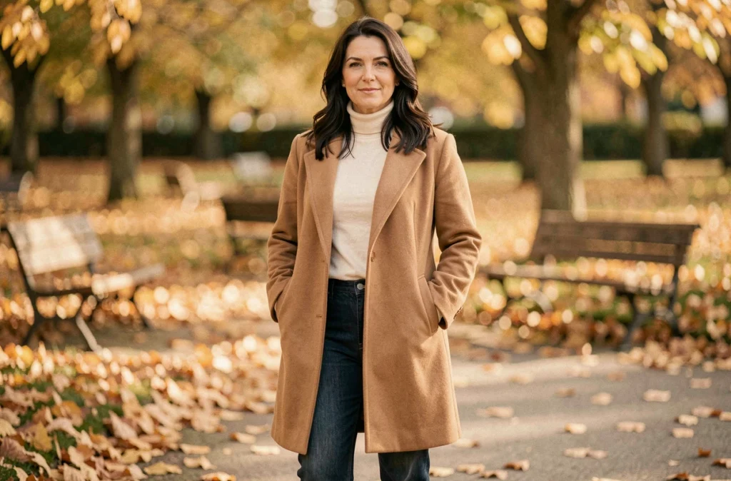 Femme en manteau camel et jean droit dans un jardin en automne, idée de tenue polyvalente et chic pour un shooting photo en extérieur