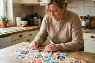 Femme examinant des vignettes Armor Lux Intermarché sur une table de cuisine en 2026