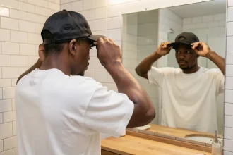Jeune homme noir posant un snapback par-dessus un wave cap satiné devant un miroir de salle de bain