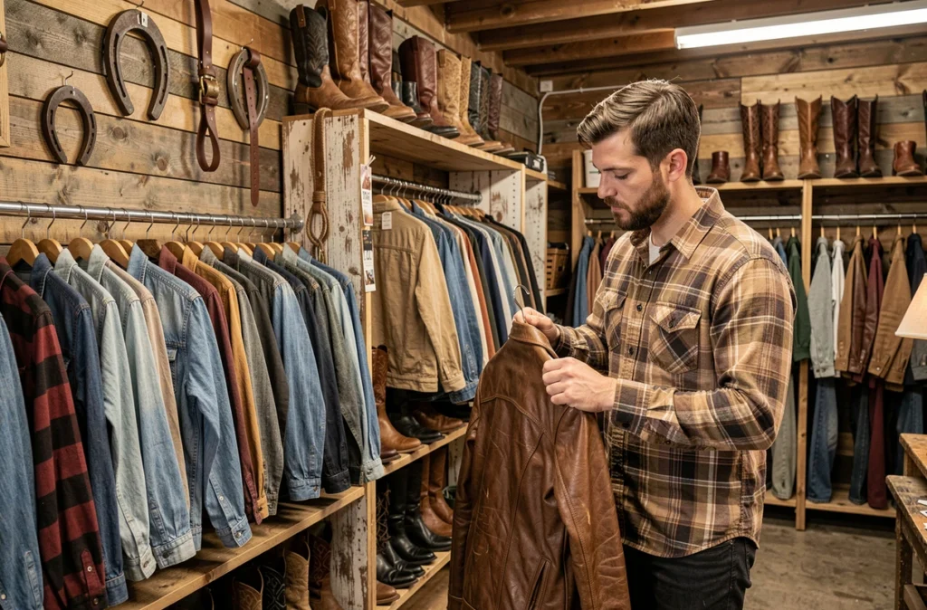 Intérieur de la friperie ADN Vintage à Rennes avec décoration Far West, portants de vêtements en denim et bottes cowboy