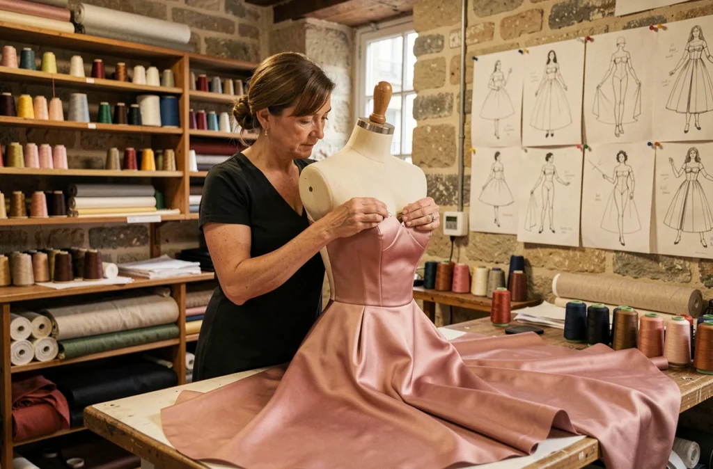Couturière travaillant sur une robe de soirée en taffetas rose sur-mesure dans un atelier de couture artisanal du Marais à Paris.