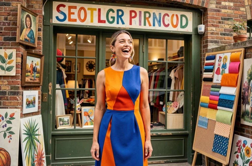 Femme portant une robe de soirée audacieuse aux couleurs vives créée par un designer indépendant dans la boutique Bleu Tango Paris.