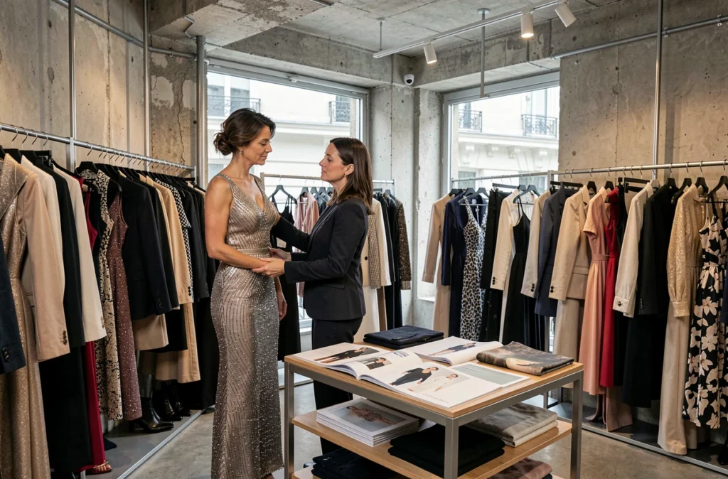 Femme qui choisit une robe de soirée parmi une sélection multimarques dans une boutique de prêt-à-porter du boulevard de Clichy à Paris.