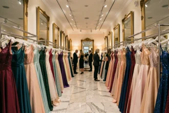 Vue panoramique d'une boutique de robes de soirée élégante en Île-de-France avec des robes longues colorées sur des portants chromés et un sol en marbre.