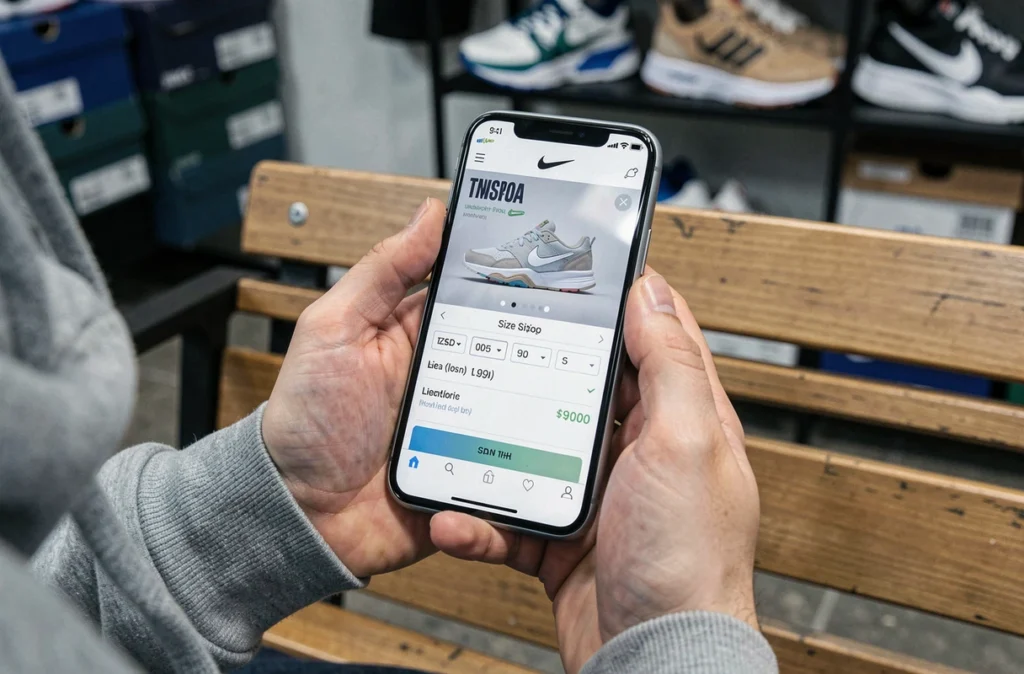 Mains tenant un smartphone avec la page produit Nike TN Lisboa ouverte pour passer commande en ligne