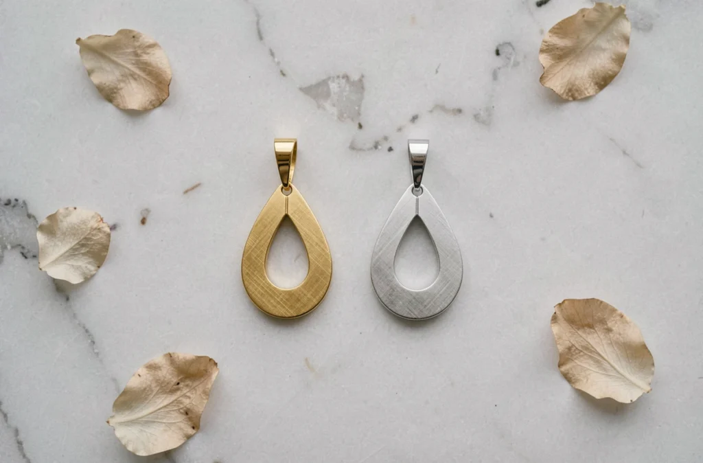 Comparaison d'un pendentif en or blanc et d'un pendentif en or jaune côte à côte sur marbre blanc, vue du dessus en flat-lay